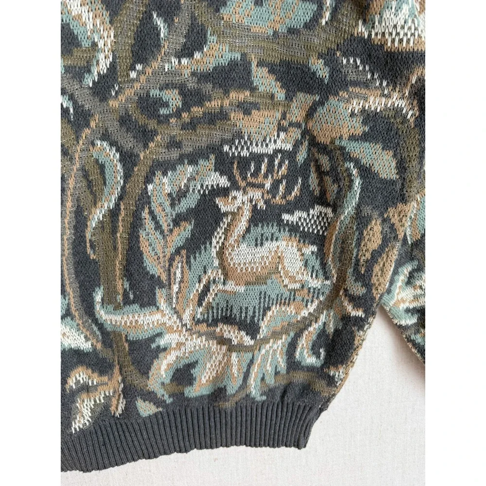 Crossings Vintage Mens Deer Intarsia Knit Cotton Sweater Made in USA Grey‎ M